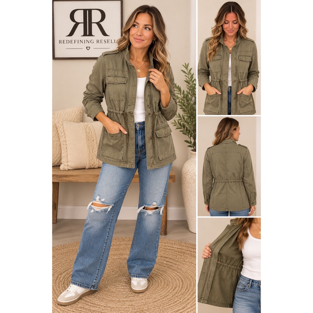 Per Se Womens Olive Green Cotton Utility Jacket Stand Collar Drawstring Waist M